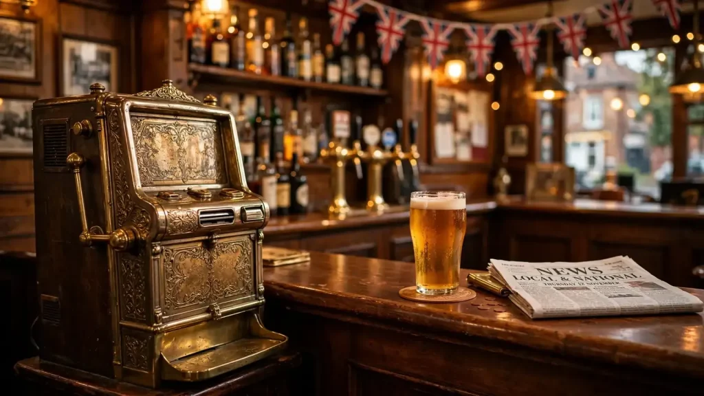 Vintage penny slot machine in a traditional British pub