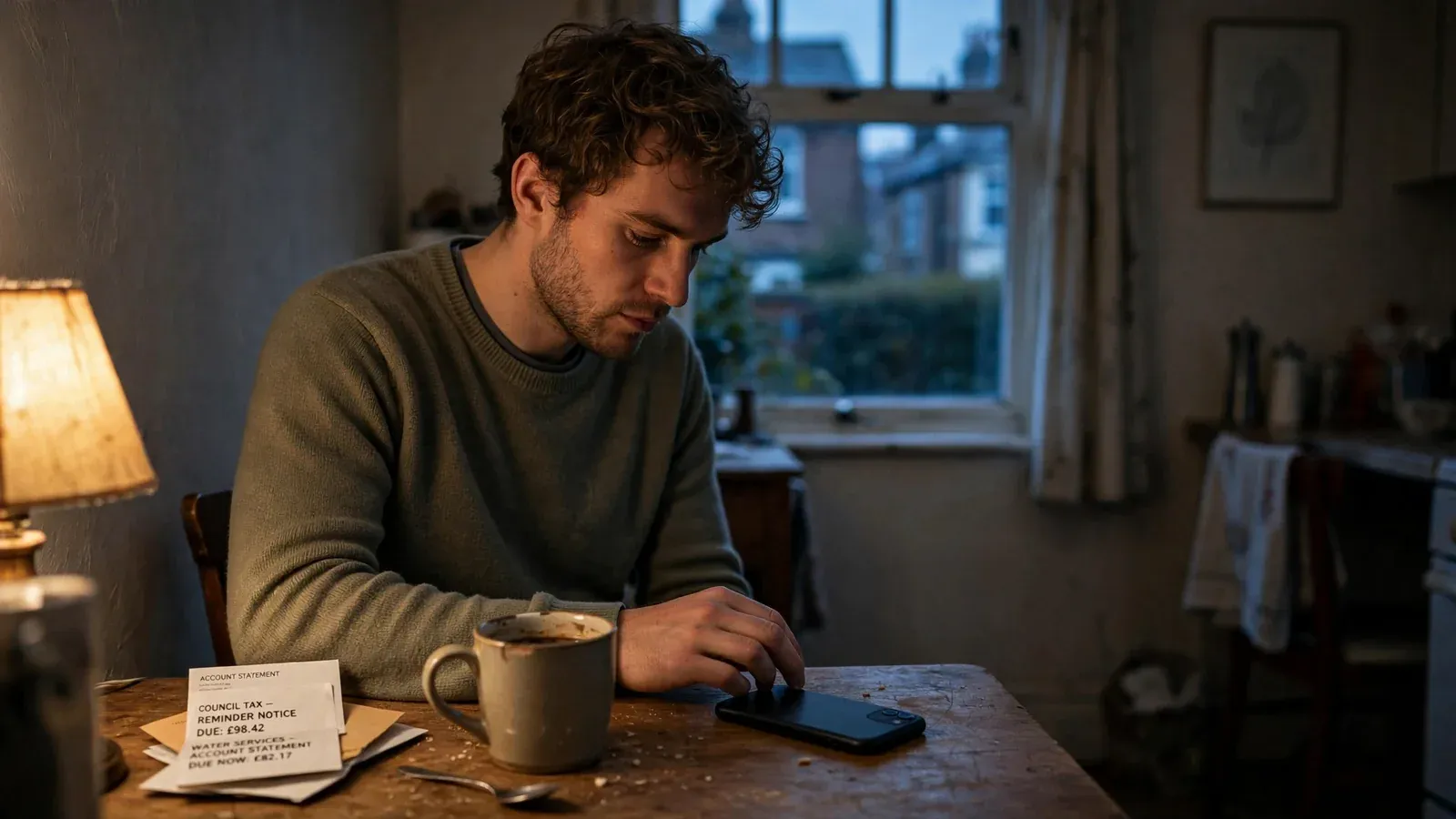 Person hesitating to pick up a smartphone at kitchen table, reflecting on gambling habits.