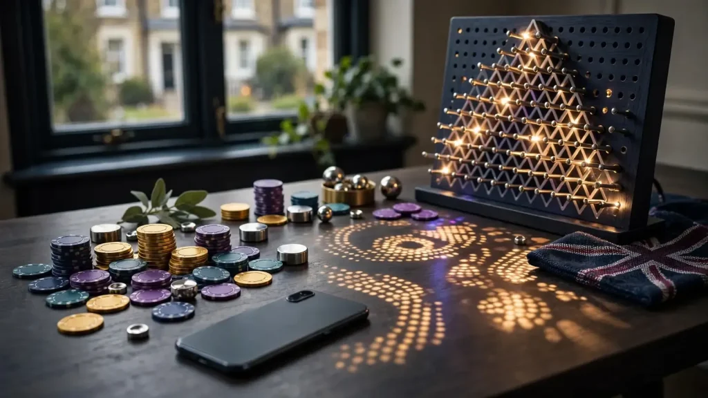 Face-down smartphone, colourful casino chips and abstract Plinko pegboard on a premium desk
