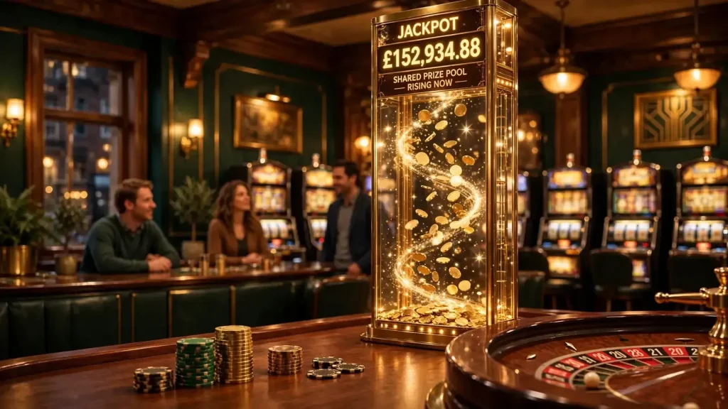British casino lounge with glowing jackpot counter and stacked chips