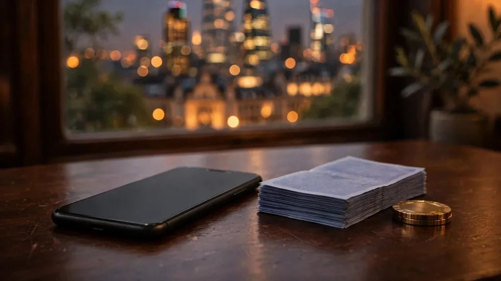 Smartphone face-down beside pound notes and casino chip on dark wooden table