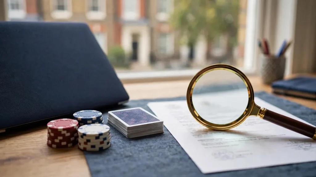 Secure UK casino licence concept with closed laptop and physical casino props