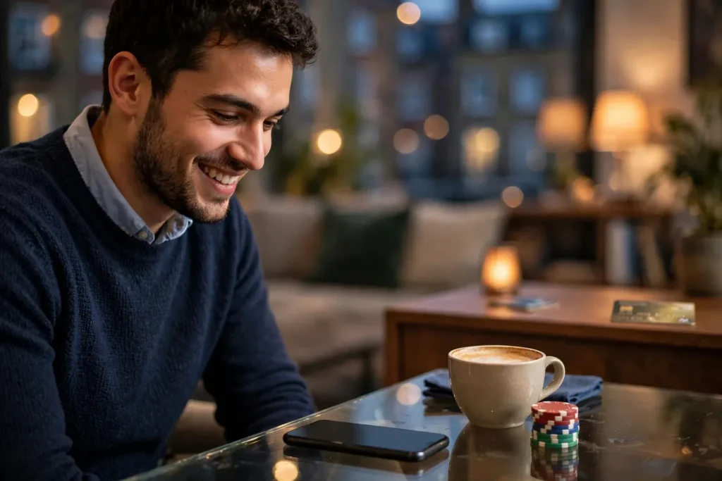 Smiling player with casino chips and smartphone on a lounge table
