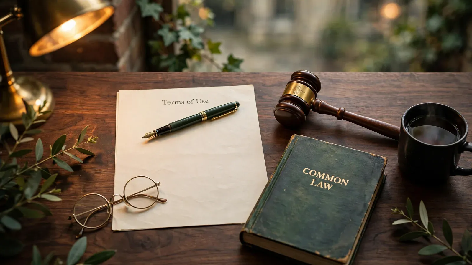 Legal document with fountain pen, gavel, and leather law book on wooden desk