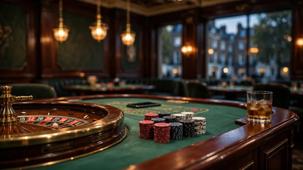 Elegant London casino interior with chips and roulette wheel at dusk