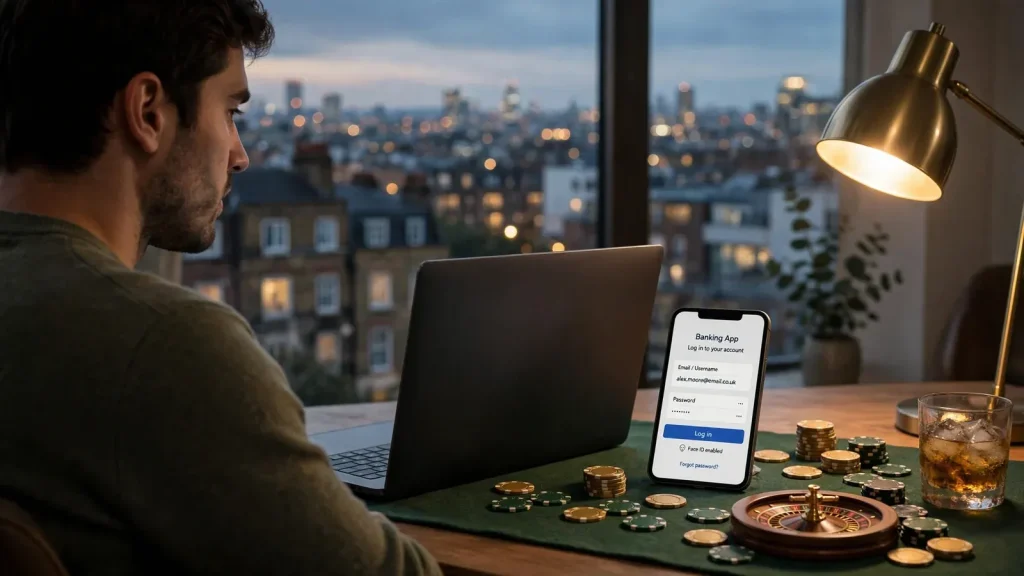 Person at a London desk using a laptop for online casino payments via Open Banking