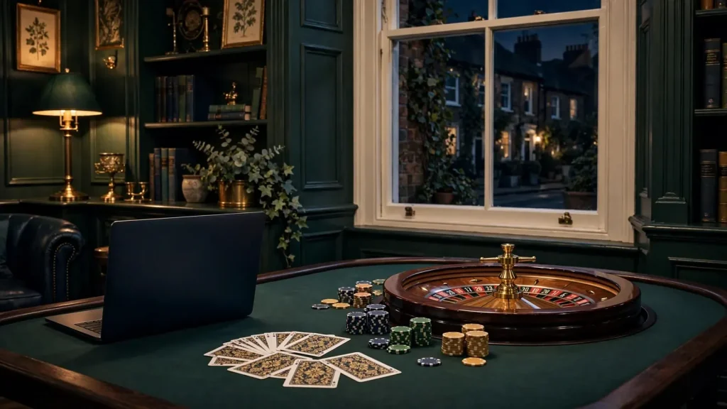 Elegant UK casino review scene with gaming objects and a discreet laptop
