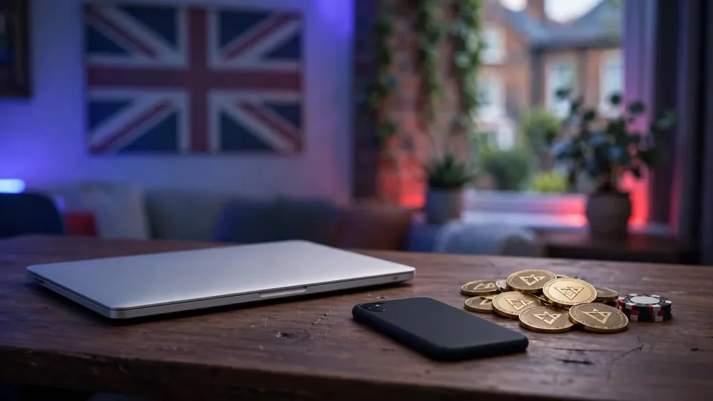 TRX coins, casino chip, and closed devices on a UK-themed desk