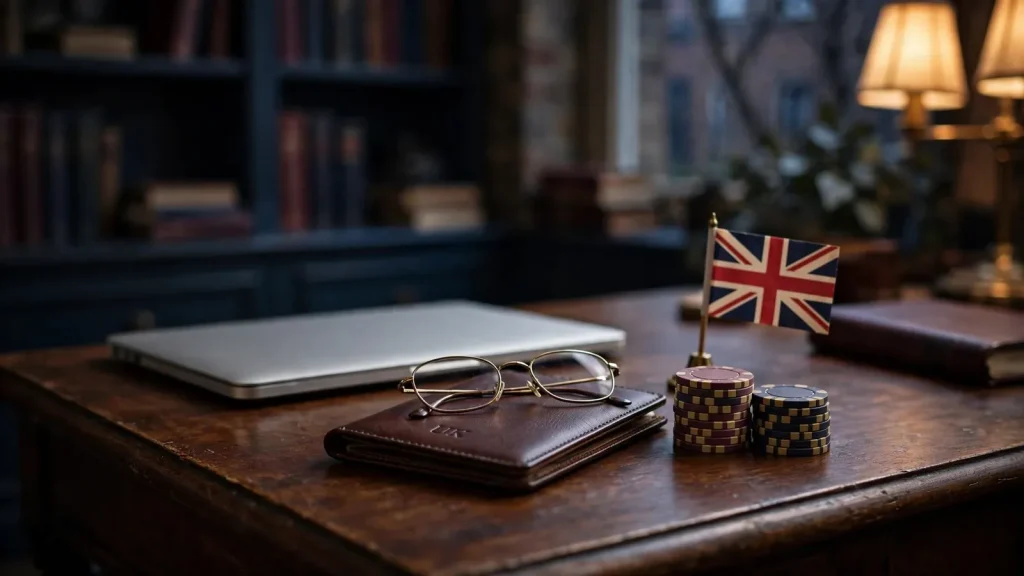 Desk scene with closed laptop, UK passport, chips and British flag suggesting careful casino research