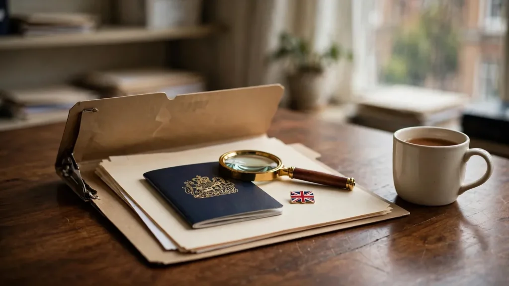 Official documents, magnifying glass and Union Jack on a British desk