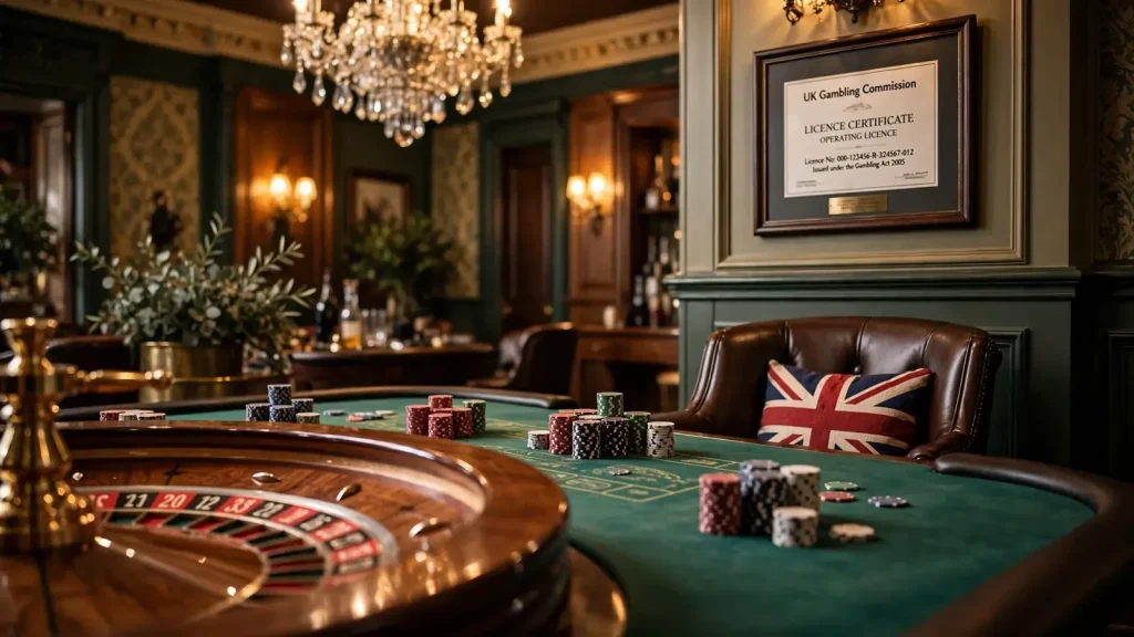 Elegant British casino lounge with roulette wheel, chips, and chandeliers