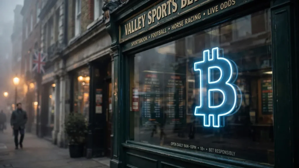 London betting shop window reflecting a glowing Bitcoin symbol at dusk
