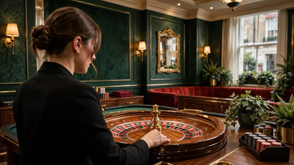 English-speaking dealer presents a physical roulette wheel in an elegant UK live casino studio