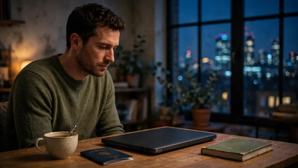 British man in London flat considering an offshore online casino site at night