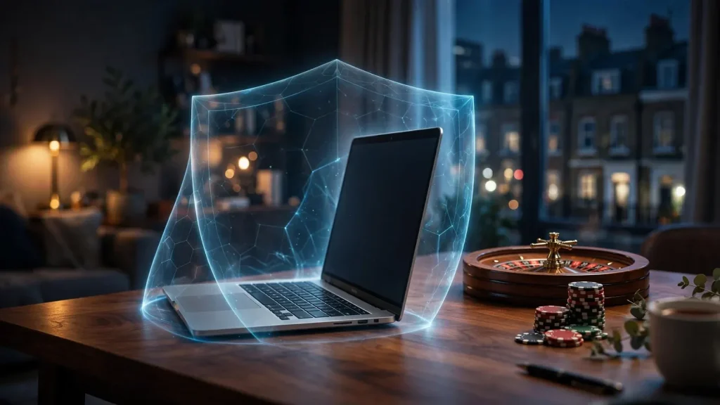 Glowing VPN shield over laptop with roulette wheel and chips on a London desk