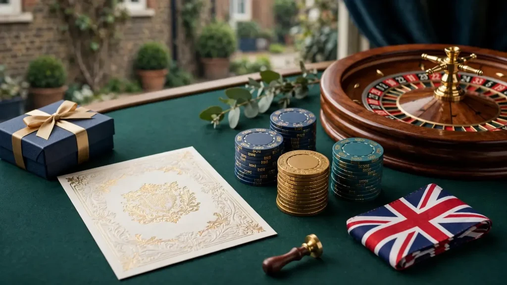 UK casino bonus invitation with chips, gift box and roulette wheel